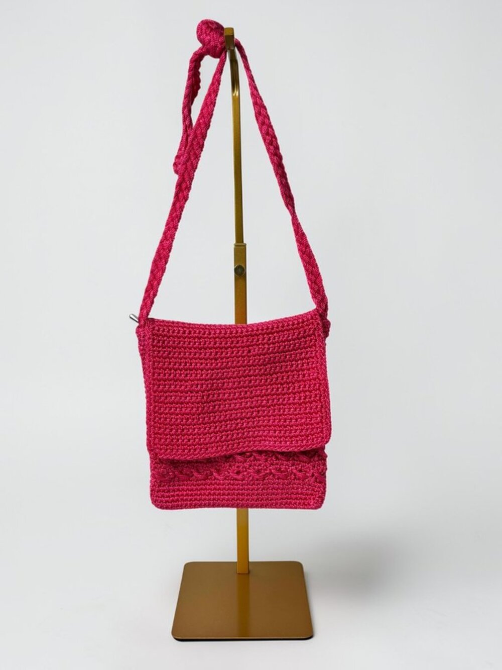 Pink Crochet Crossbody Bag Flap Zipper Boho Shoulder Purse
